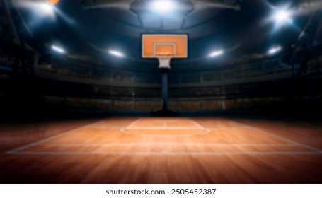 Blurry view of a basketball court under bright arena lights, perfect as a sports-themed background