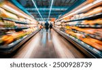 Blurry view of a busy supermarket with customers shopping, featuring well-stocked shelves and bright lighting, perfect for retail or daily life concepts.