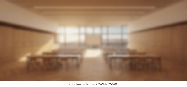 Blurry View of Empty Classroom with Tables, Projector Screen, and Large Window in Warm Light
