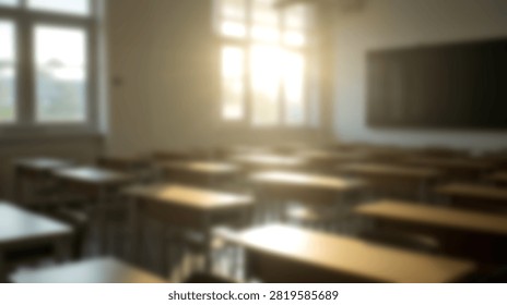 A blurry view of an empty school classroom with wooden desks and a blackboard illuminated by bright morning sunlight streaming through windows.