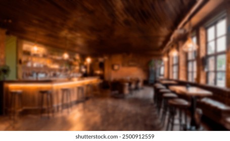 Blurry view of a modern café with wooden décor, ambient lighting, and comfortable seating, ideal for backgrounds or casual dining concepts. - Powered by Shutterstock