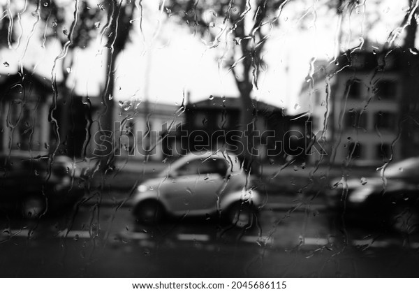 A blurry view through the dachshund. View of the\
city and the car through the glass. Black and white city. Sad city\
outside the window. Rainy weather. Melancholy. Memories. Small car\
black and white.