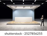 Blurry woman walking in creative exhibition stand on dark background. Mock up place. 3D Rendering