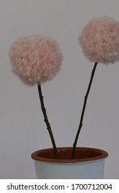 Blush Pink Yarn Pompom Flower With Wooden Stick Stalk 