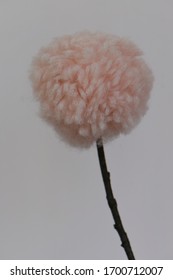 Blush Pink Yarn Pompom Flower With Wooden Stick Stalk 