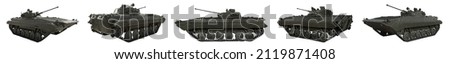 BMP-2 Set of views of APC from different sides of infantry fighting vehicle armor. Soviet fighting vehicle. Russian Army. Armoured military machinery. Isolated on white background with clipping path.