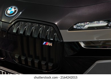 BMW 7 Series grille and headlights. Decorative Swarovski crystals are used in the headlamp. Two-color body. Poland, Katowice, 14.05.2022