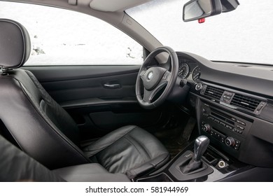 BMW car interior. 320 model. MOSCOW, RUSSIA - FEBRUARY 17, 2017: Parked the car near the city open by owner and specially prepared for taking pictures.