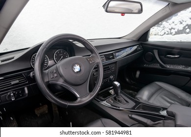 BMW car interior. 320 model. MOSCOW, RUSSIA - FEBRUARY 17, 2017: Parked the car near the city open by owner and specially prepared for taking pictures.