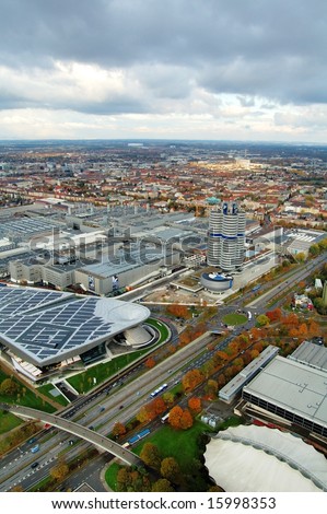 BMW Headquarters. The four vertical cylinders building is a Munich landmark which is world headquarters for the Bavarian automaker.