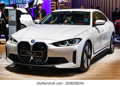 BMW i4 all-electric Gran Coupe car showcased at the IAA Mobility 2021 motor show in Munich, Germany - September 6, 2021.