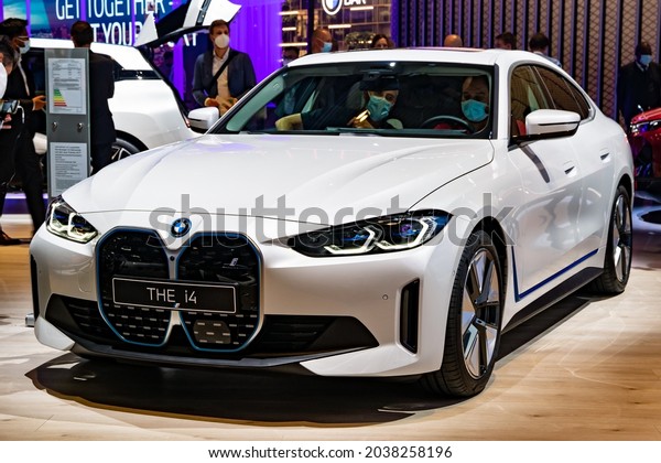 BMW i4\
all-electric Gran Coupe car showcased at the IAA Mobility 2021\
motor show in Munich, Germany - September 6,\
2021.