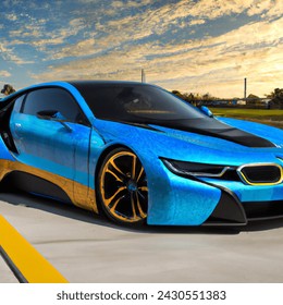 bmw i8 3/4 angle wrap blue and gold with comic book cellshade technique