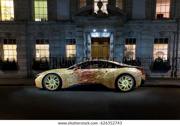 BMW i8 Futurisim Edition on\
auction outside Christie\'s Auction House London, 7 October\
2016