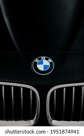 BMW Logo On Car Close-Up, Front Grill.