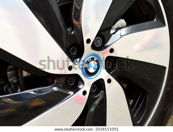 BMW Logo on wheel of the BMW i3 Electric Car.\
Electric car with integrated renewable energy solutions. Russia\
July 30, 2021
