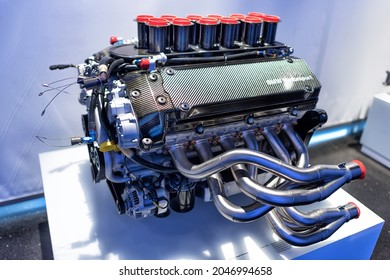 A BMW Motorsport V 12 engine in BMW Museum: Munich, Germany - September 14, 2018: 
