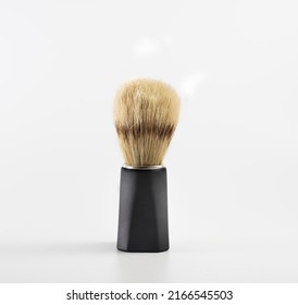 Boar Bristle Shaving Brush With Black Handle On White Background. Copy Space.