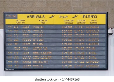 Board of arrival of aircraft at the international airport. Airport flight schedule with the list of flights and information on registration. 29 August 2018. Ben Gurion Airport. Tel Aviv. Israel.