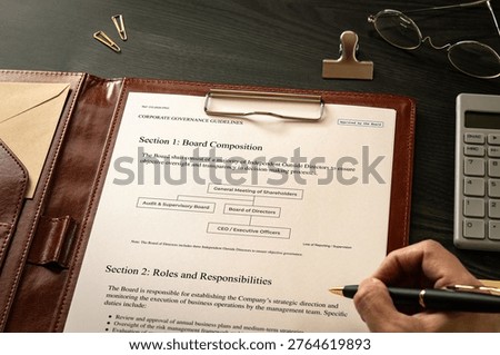 Board Composition: Realistic mock-up placed on with flags. Contributor-created fictional business document for illustrative purposes.