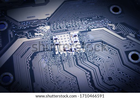 Сircuit board. Computer techologies, toned blue color.