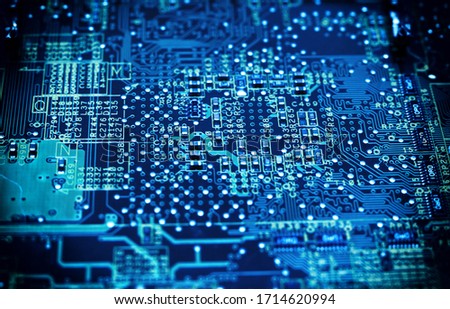 Сircuit board. Computer techologies, toned blue color.