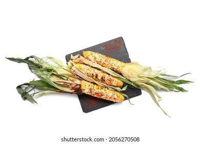 Board with delicious Elote Mexican Street Corn on white background