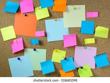 Board Full Of Empty Post It Notes. Colorful Paper Notes Pinned On Notice Board