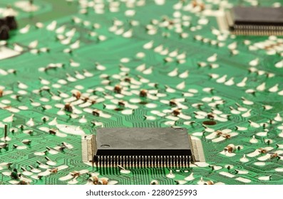 A board of integrated circuits and microchips.