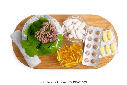 Board With Mortar, Fresh Herbs And Pills On White Background, Top View