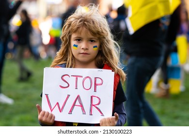 Board No war, Stop war. Little ukrainian patriot. No war with Ukraine. Ukrainian geopolitics globe crisis. - Shutterstock ID 2130100223