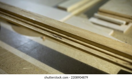 Board on table. Woodworking workshop. Details of furniture manufacturing. Raw board. - Shutterstock ID 2208904879