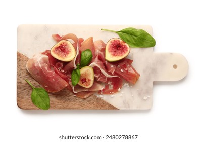 Board with slices of tasty prosciutto, figs and basil on white background - Powered by Shutterstock