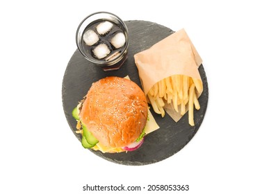 Board With Tasty Burger, French Fries And Cola Drink On White Background