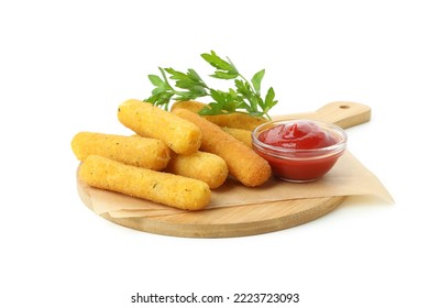 Board with tasty cheese sticks isolated on white background