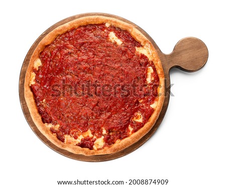 Board with tasty Chicago-style pizza on white background Stock photo © 