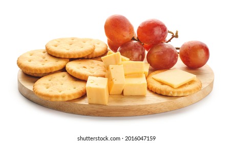 Board With Tasty Crackers, Grapes And Cheese On White Background