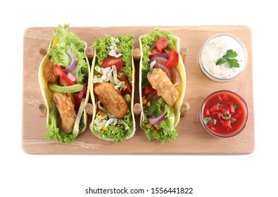 Board With Tasty Fish Tacos Isolated On White, Top View