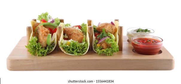 Board With Tasty Fish Tacos Isolated On White