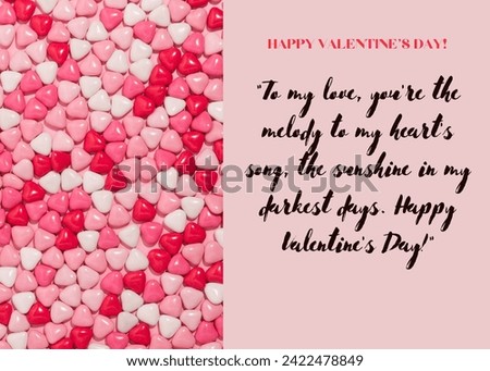 Board with text HAPPY VALENTINE'S DAY and To my love, you're the melody to my heart's song, the sunshine in my darkest days in heart-shaped on pink background