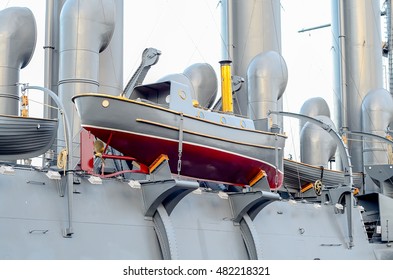 Boarding The Old Armored Cruiser. Lifeboat And The Ship's Pipes.