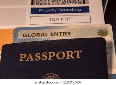 Boarding Pass With Global Entry Card, TSA Pre And USA Passport