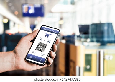 Boarding pass in phone at airport. Electronic flight ticket. Digital mobile app with QR code. Airplane travel with modern airline. Man at gate before departure. Online document in smartphone.