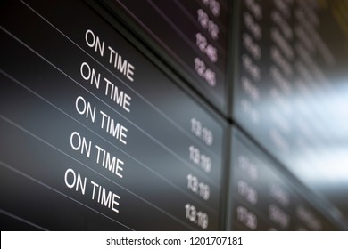 Boarding Time Monitor Screens - Timetable Boards. Arrivals And Departures Monitors To Check The Status Of A Flight On The Airport. On Time Sign.