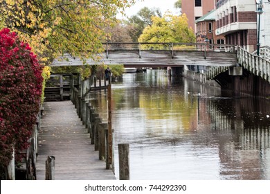 boardman river flowing through Downtown Traverse City on a overcast fall day - Shutterstock ID 744292390