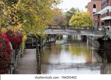 Boardman River Flowing Through Downtown Traverse City On A Overcast Fall Day