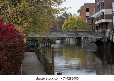 Boardman River Flowing Through Downtown Traverse City On A Overcast Fall Day