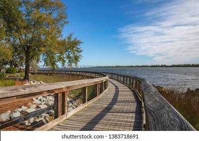 Boardwalk Along The Cooper River At North Charleston, South Carolina, Riverfront Park.