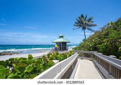 Boardwalk To Beautiful Florida Beach With Crystal Clear Water And Red Rocks. Great Place For Snorkeling. Red Reef Park, Boca Raton, Florida USA	
