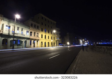 Boardwalk In Havana, Cuba At Night.